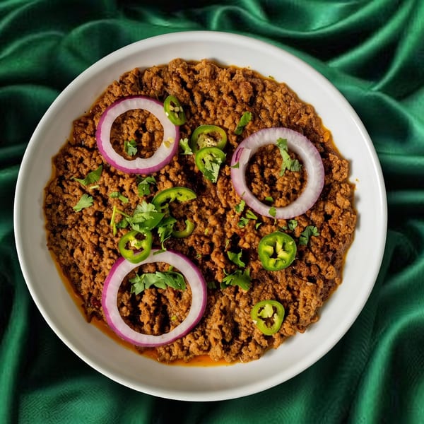 Keema curry in a white bowl, garnished with red onion, jalapeños, and cilantro on a green silk background.