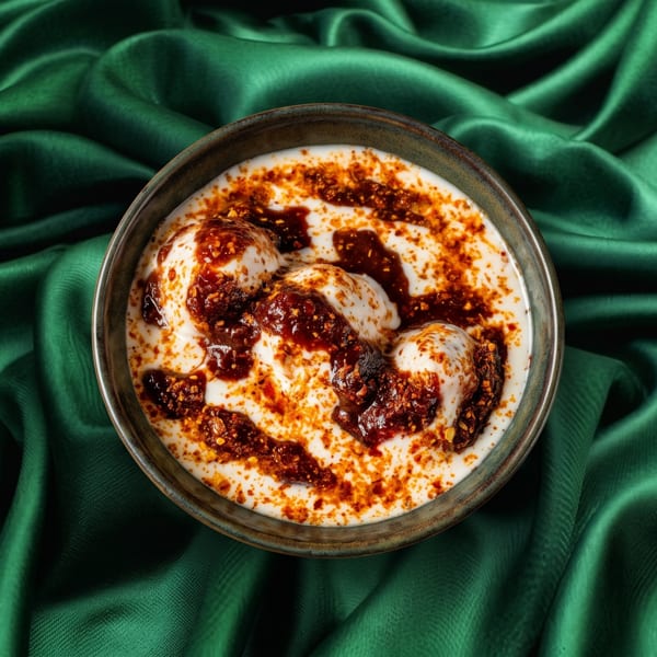 A bowl of white yogurt with dark red chili oil and spices, on a green silk background.