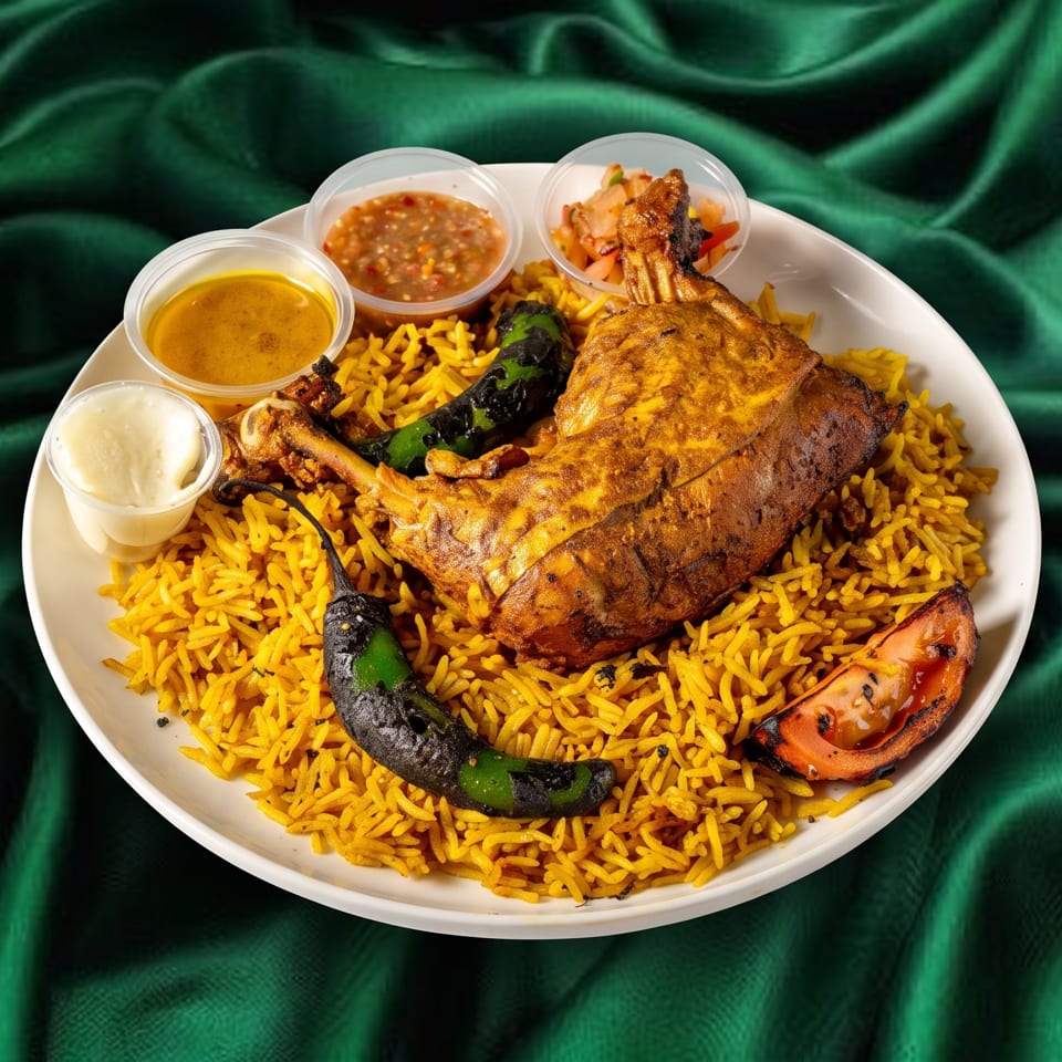 Roasted chicken leg and thigh on a bed of yellow rice with sauces, grilled peppers, and tomato.