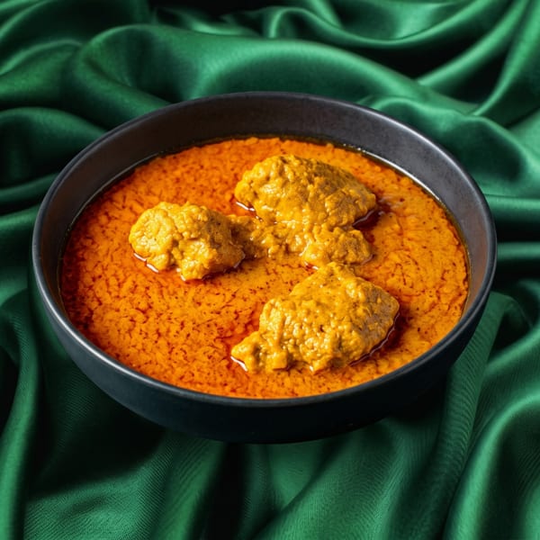 A black bowl of vibrant orange curry with three large dumplings, set on a draped green silk cloth.