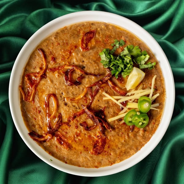 Haleem, a savory stew, garnished with fried onions, cilantro, ginger, green chilies, and a lemon wedge.